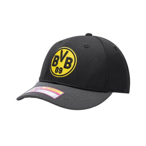 Side view of the Borussia Dortmund Trigger Adjustable hat with mid constructured crown, curved peak brim, and slider buckle closure, in Black.