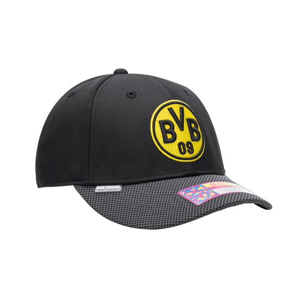 Side view of the Borussia Dortmund Trigger Adjustable hat with mid constructured crown, curved peak brim, and slider buckle closure, in Black.