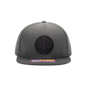 Front view of the Borussia Dortmund Trophy Snapback with high crown, flat peak, and snapback closure, in Dk Grey