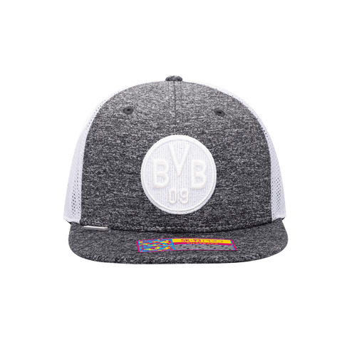 Front view of the Borussia Dortmund Dribbling Snapback with high crown, flat peak, and snapback closure, in Grey/White