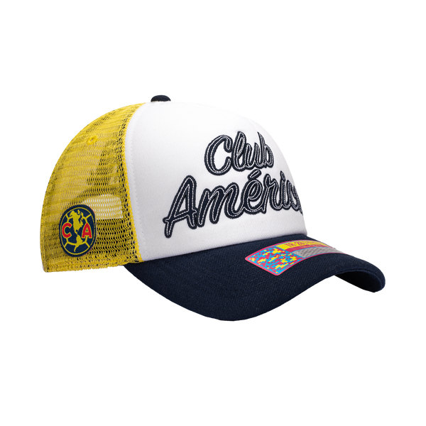 View of right side of Club America Script Stop Trucker with CA Club America Team Logo etched on the right side 