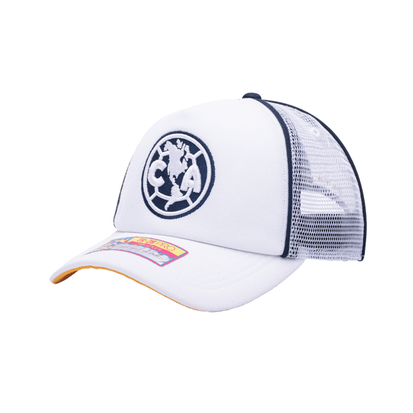 Side view of the Club America Cali Day Trucker with mid crown, curved peak, and snapback closure on mesh back, in white.