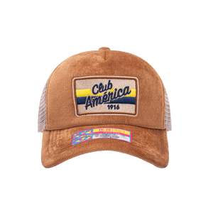 Front view of the Club America Camionero Trucker with high crown, curved peak, and snapback closure on mesh back, in brown.
