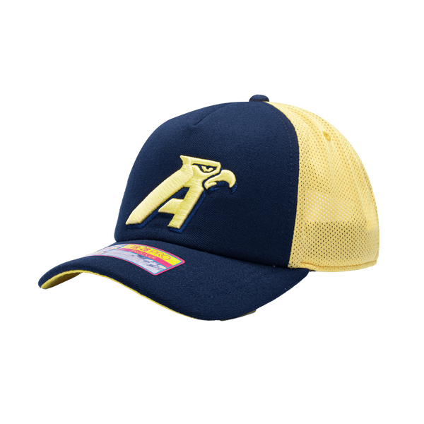 Side view of the Club America 40th Anniversary Aguilas Trucker with mid crown, curved peak, and snapback closure on finely knit mesh back, in Navy/Cream.