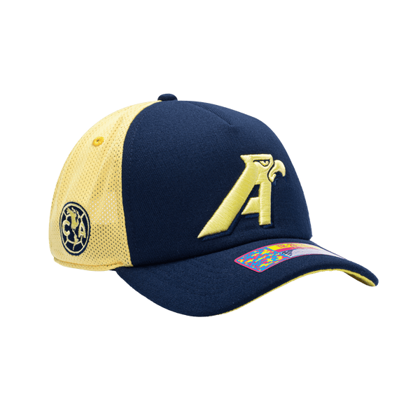 Side view of the Club America 40th Anniversary Aguilas Trucker with mid crown, curved peak, and snapback closure on finely knit mesh back, in Navy/Cream.