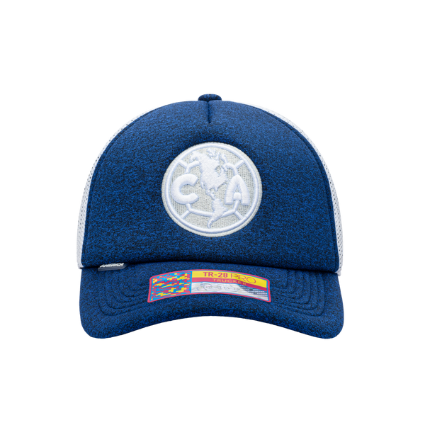 Front view of the Club America Dribbling Trucker Hat in Navy/White, with high crown, curved peak, mesh back and snapback closure.