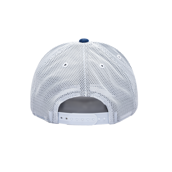 Back view of the Club America Dribbling Trucker Hat in Navy/White, with high crown, curved peak, mesh back and snapback closure.