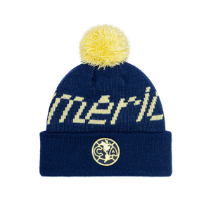 Club America Pixel Neon Beanie with embroidered club logo on ribbed ruff, club name knitted in hat body, and pom detailing, in Navy.