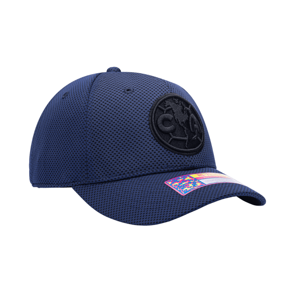 Side view of the Club America Trophy Adjustable hat with mid constructured crown, curved peak brim, and slider buckle closure, in Navy.