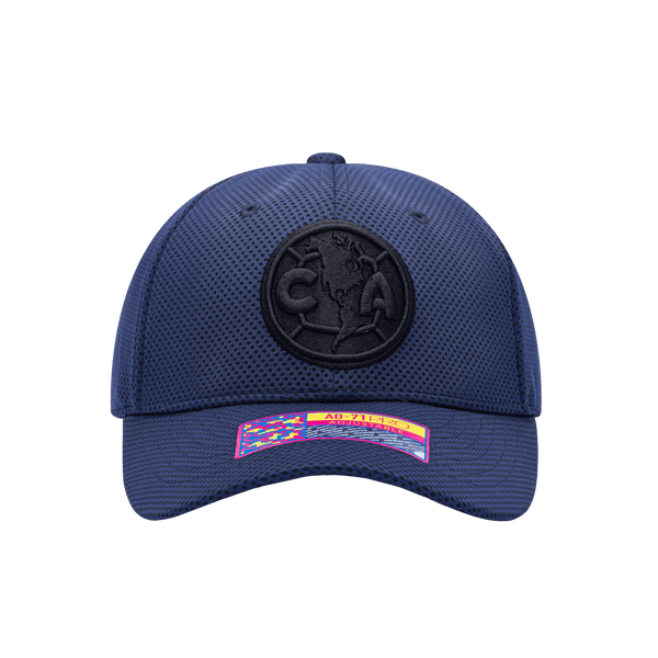 Front view of the Club America Trophy Adjustable hat with mid constructured crown, curved peak brim, and slider buckle closure, in Navy.