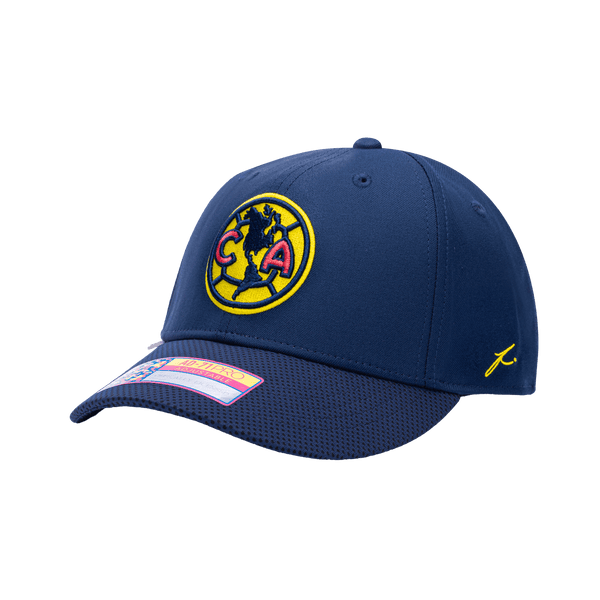 Side view of the Club America Trigger Adjustable hat with mid constructured crown, curved peak brim, and slider buckle closure, in Navy.