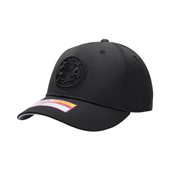 Side view of the Club America Dusk Adjustable hat with mid constructured crown, curved peak brim, and slider buckle closure, in Black.