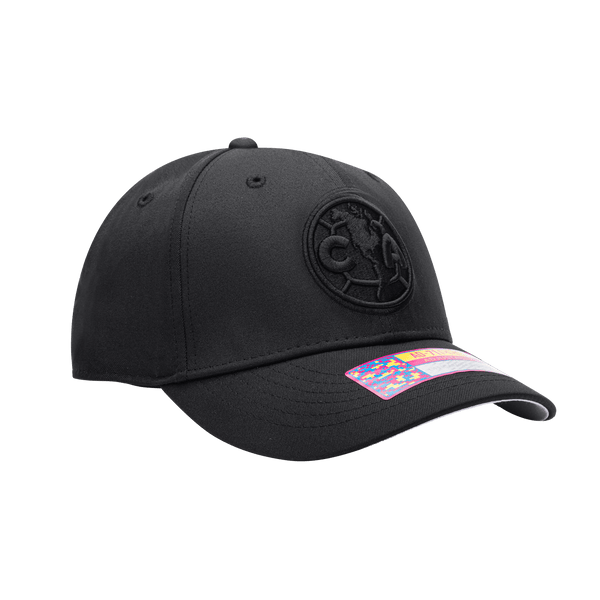 Side view of the Club America Dusk Adjustable hat with mid constructured crown, curved peak brim, and slider buckle closure, in Black.