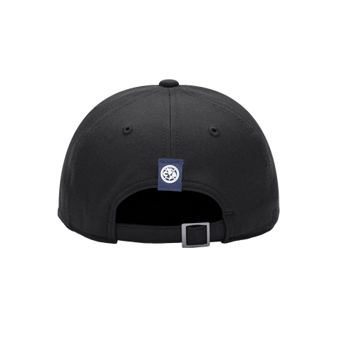 Back view of the Club America Dusk Adjustable hat with mid constructured crown, curved peak brim, and slider buckle closure, in Black.