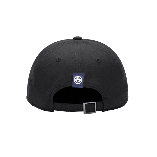 Back view of the Club America Dusk Adjustable hat with mid constructured crown, curved peak brim, and slider buckle closure, in Black.