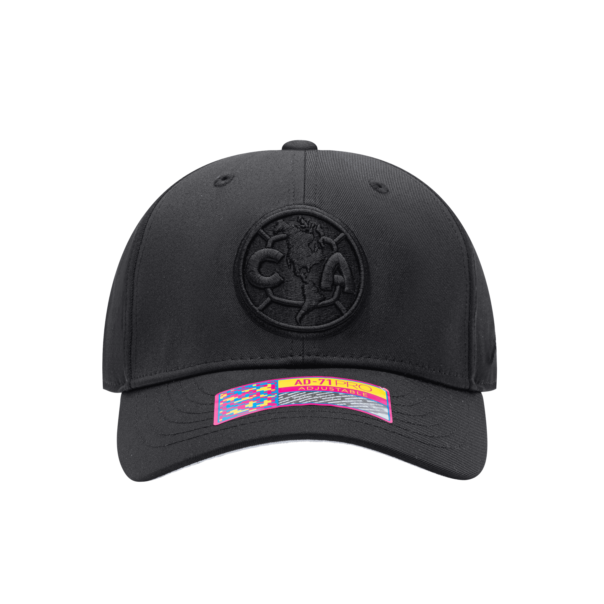 Front view of the Club America Dusk Adjustable hat with mid constructured crown, curved peak brim, and slider buckle closure, in Black.