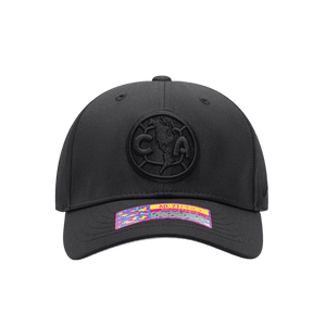 Front view of the Club America Dusk Adjustable hat with mid constructured crown, curved peak brim, and slider buckle closure, in Black.