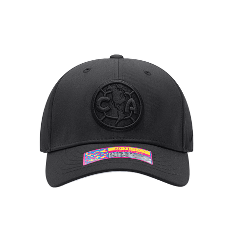 Front view of the Club America Dusk Adjustable hat with mid constructured crown, curved peak brim, and slider buckle closure, in Black.