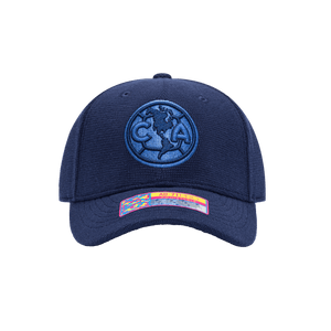 Front view of the Club America Club Ink Adjustable with high crown, curved brim, and adjustable strap, in blue.