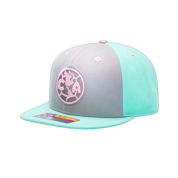 View of left side of Blue Pink Grey Club America Soft Touch Snapback