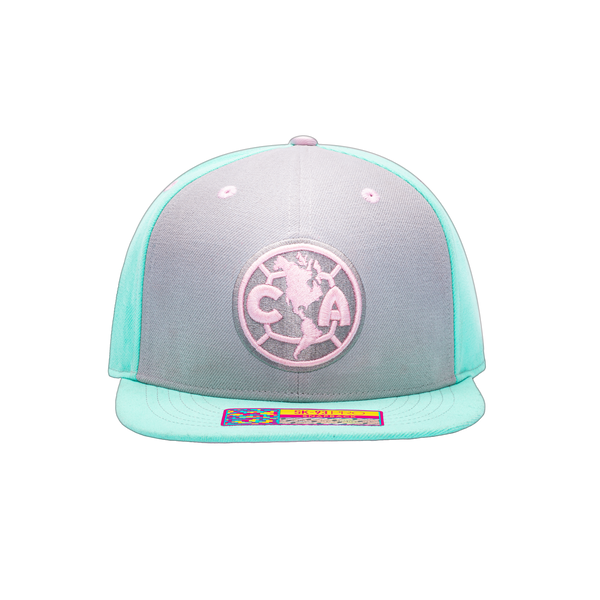 Blue Pink Grey Club America Soft Touch Snapback with Blue bill and back panels and pink logo and button on top