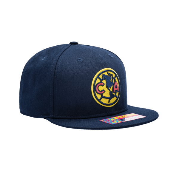 Side view of the Club America Dawn Snapback in navy, with high crown and flat peak.