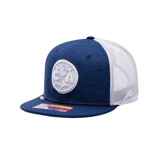 view of left side of Blue Club America Dribbling Snapback Blue crown and bill with white panel