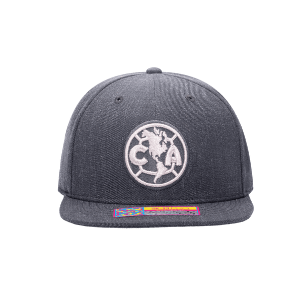 Front view of the Club America Platinum Snapback with high crown, flat peak, and snapback closure, in Grey