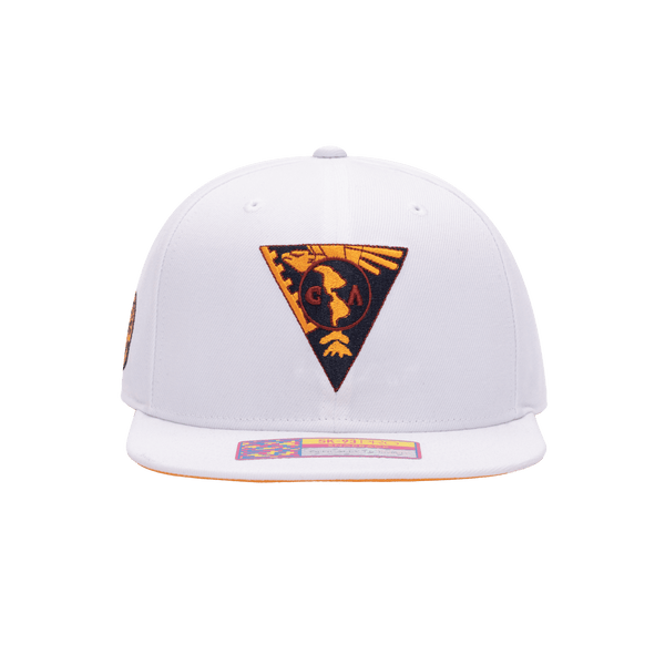 Front view of the Club America 105th Anniversary Retro Snapback with high crown, flat peak, and snapback closure, in White.