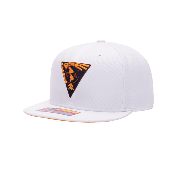 Side view of the Club America 105th Anniversary Retro Snapback with high crown, flat peak, and snapback closure, in White.