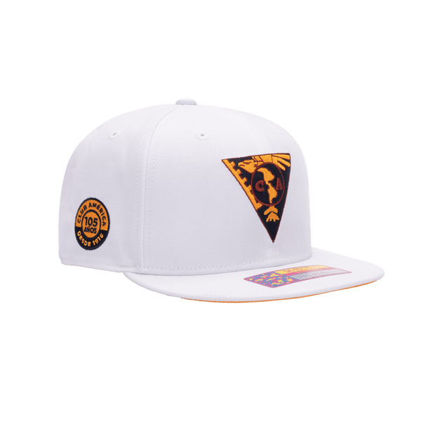 Side view of the Club America 105th Anniversary Retro Snapback with high crown, flat peak, and snapback closure, in White.