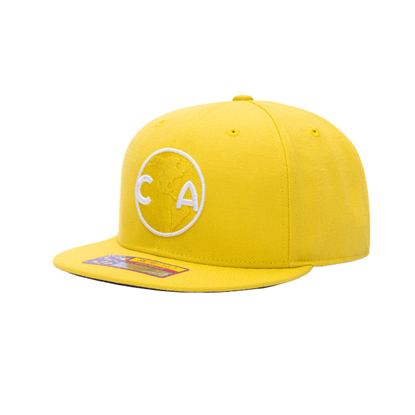 Side view of the Club America 105th Anniversary Retro Snapback with high crown, flat peak, and snapback closure, in Yellow.