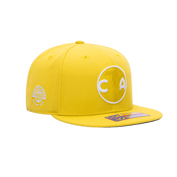 Side view of the Club America 105th Anniversary Retro Snapback with high crown, flat peak, and snapback closure, in Yellow.