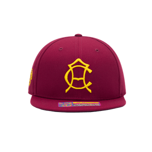 Front view of the Club America 105th Anniversary Retro Snapback with high crown, flat peak, and snapback closure, in Burgundy.