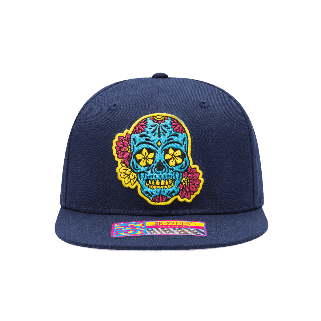 Club America Day of the Dead Snapback Hat with floral skull embroidered on the front, Club America embroidered on the side, "Dia de Muertos" embroidered on the back. The hat has a high crown, flat peak brim, and a snapback closure.