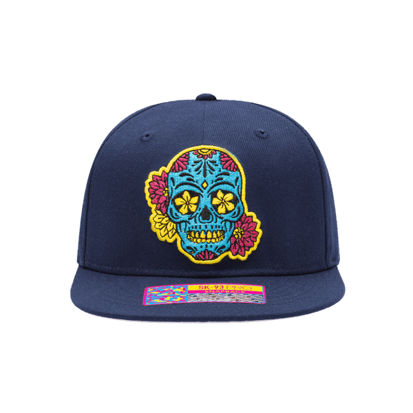 Club America Day of the Dead Snapback Hat with floral skull embroidered on the front, Club America embroidered on the side, "Dia de Muertos" embroidered on the back. The hat has a high crown, flat peak brim, and a snapback closure.