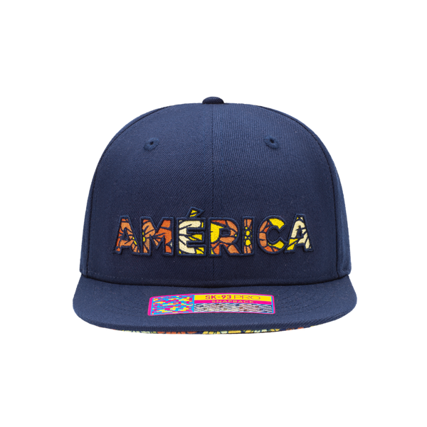 Club America Day of the Dead Snapback Hat with America script with marigold floral overlay embroidered on the front, Club America logo embroidered on the side, "Dia de Muertos" embroidered on the back, and marigold floral print on the under peak. The hat has a high crown, flat peak brim, and a snapback closure.