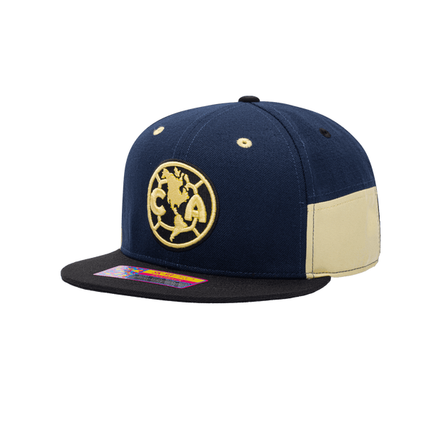 Side view of the Club America Truitt Snapback with high crown, flat peak, and snapback closure, in Navy/Yellow.