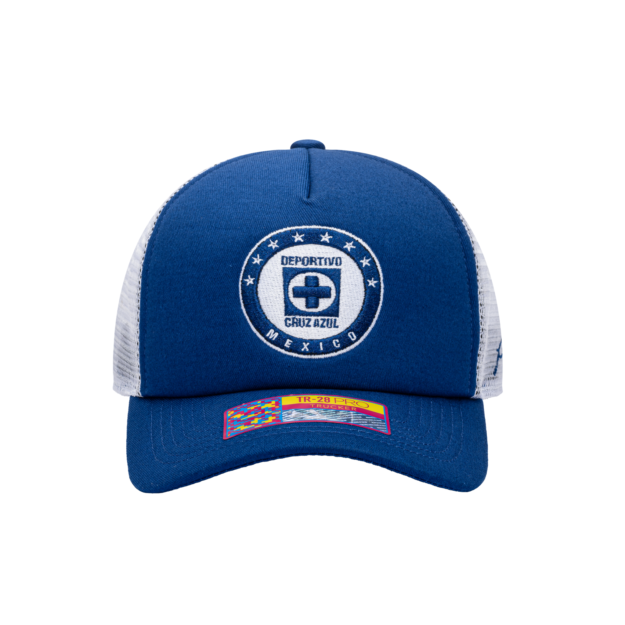 Front view of the Cruz Azul Fog Trucker Hat in Navy/White, with high crown, curved peak, mesh back and snapback closure.