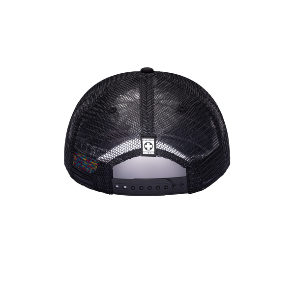 Back side of Black Cruz Azul Shield Trucker with team logo tag on the back