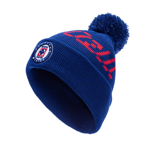 Cruz Azul Pixel Beanie with embroidered club logo on ribbed ruff, club name knitted in hat body, and pom detailing, in Blue.