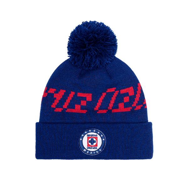 Cruz Azul Pixel Beanie with embroidered club logo on ribbed ruff, club name knitted in hat body, and pom detailing, in Blue.