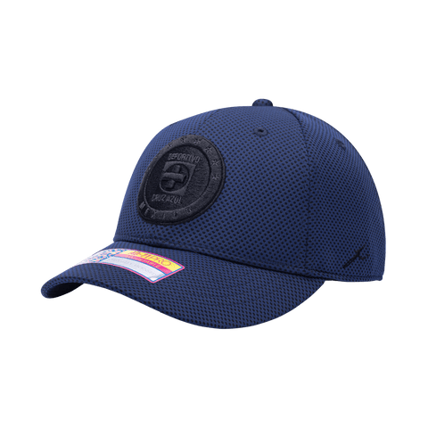 Side view of the Cruz Azul Trophy Adjustable hat with mid constructured crown, curved peak brim, and slider buckle closure, in Navy.