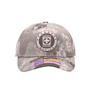 Front view of the Cruz Azul Sweeper Adjustable hat with mid constructured crown, curved peak brim, and slider buckle closure, in brown camo print.