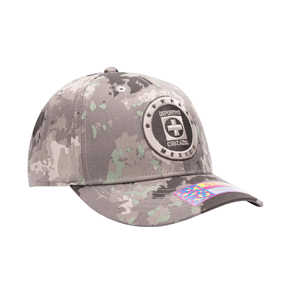 Side view of the Cruz Azul Sweeper Adjustable hat with mid constructured crown, curved peak brim, and slider buckle closure, in brown camo print.