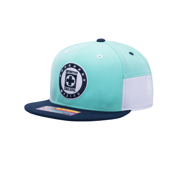 Side view of the Cruz Azul Truitt Snapback with high crown, flat peak, and snapback closure, in Teal/White.