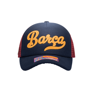 Blue Yellow Red FC Barcelona Script Stop Trucker with Blue bill, blue button and maroon back panels