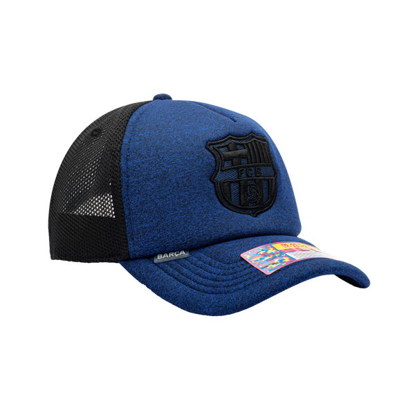 Side view of the FC Barcelona Dribbling Trucker Hat in Navy/White, with high crown, curved peak, mesh back and snapback closure.