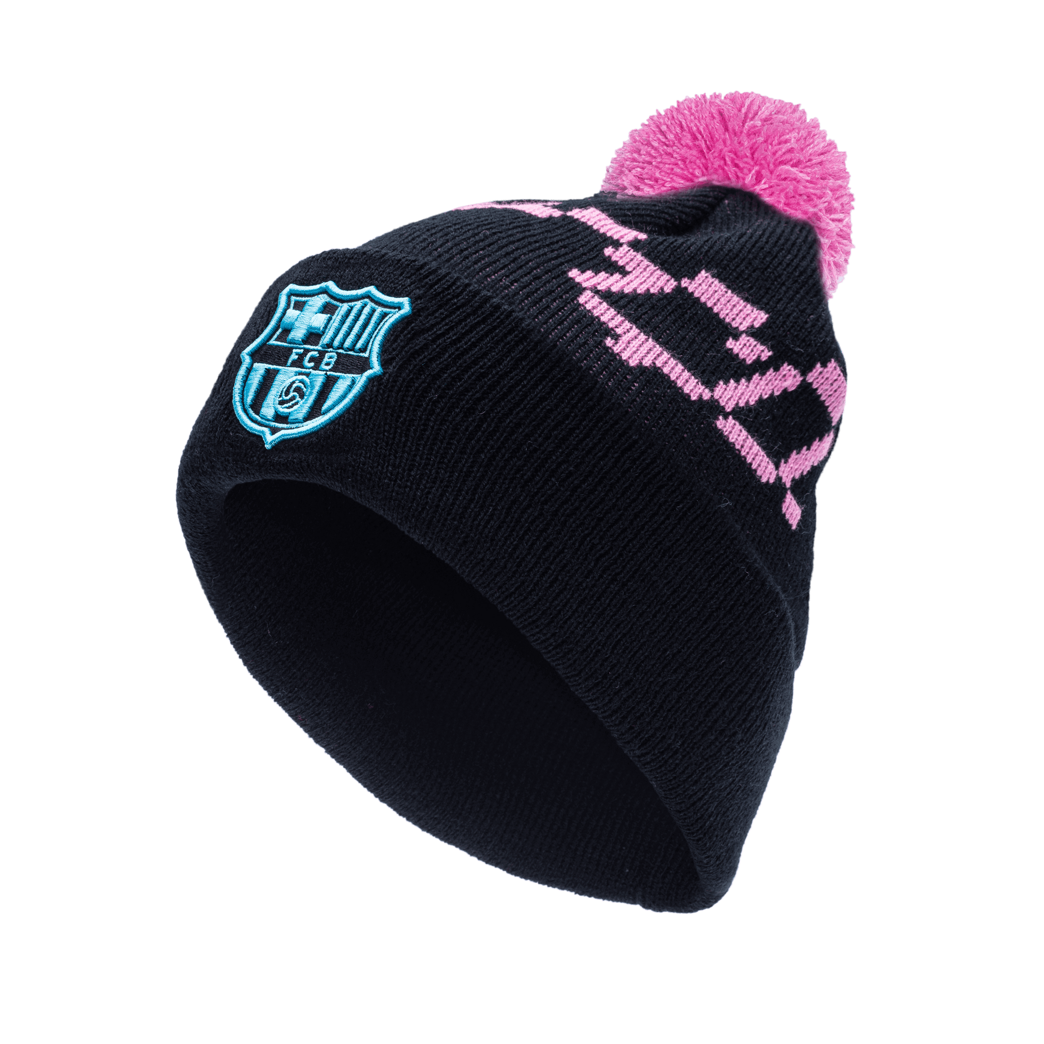 FC Barcelona Pixel Neon Beanie with embroidered club logo on ribbed ruff, club name knitted in hat body, and pom detailing, in Black.