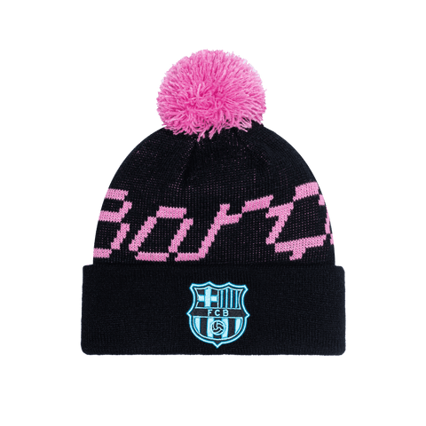 FC Barcelona Pixel Neon Beanie with embroidered club logo on ribbed ruff, club name knitted in hat body, and pom detailing, in Black.